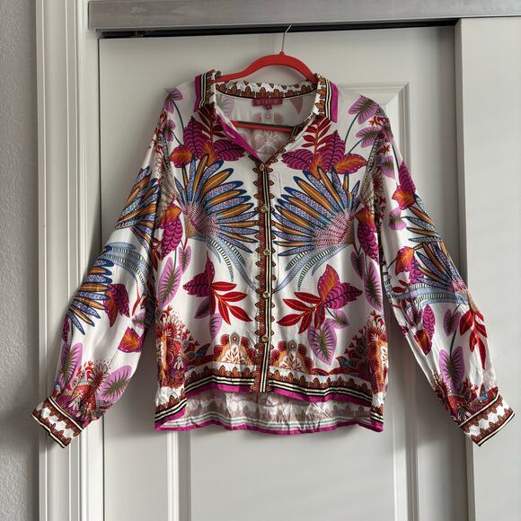 Rose & Olive Women’s Vibrant Scarf Printed Blouse Top Sz XL Pink Resort - Picture 1 of 10